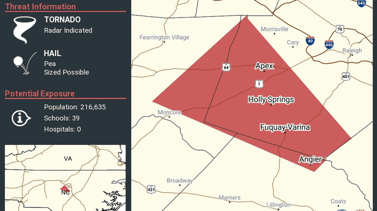 Emiten alerta de tornado en Apex, Holly Springs y Fuquay-Varina