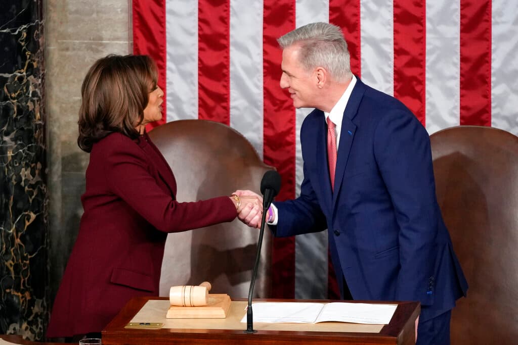 Vice President Kamala Harris shakes hands with House Speaker Kevin McCarthy of Calif., as they arrive before President Joe Biden delivers the State of the Union address to a joint session of Congress at the U.S. Capitol, Tuesday, Feb. 7, 2023, in Washington. (AP Photo/Patrick Semansky)
