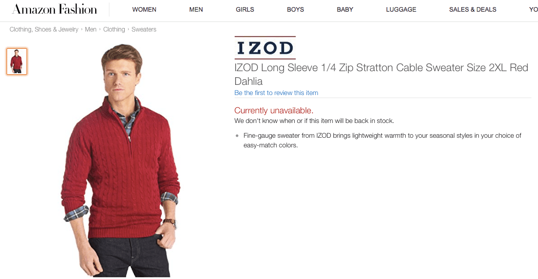 Captura de la web de Amazon donde se ve que el jersey está agotado. (A Ken Bone le queda mejor)