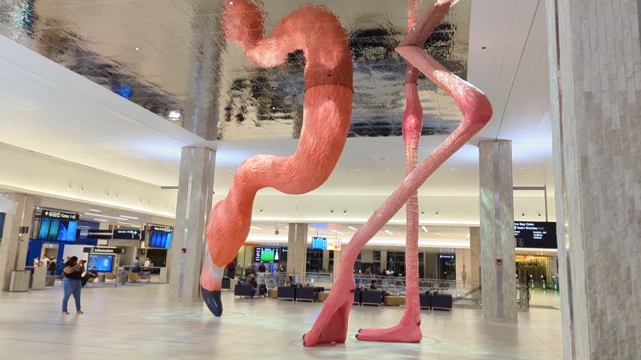 El flamenco Phoebe está en la terminal principal, tiene una altura de 21 pies y es uno de los puntos más visitados por los viajeros que pasan por el TPA.
