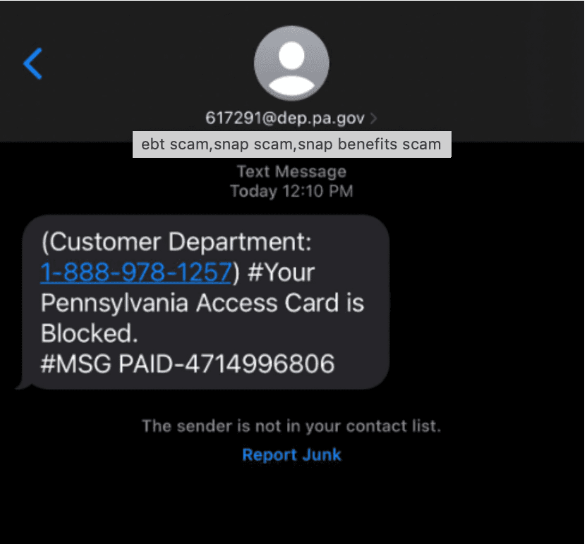 DHS Pensilvania publicó este ejemplo del texto de la estafa.