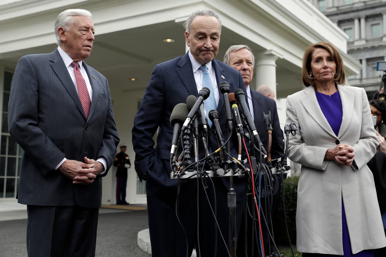 From left, House Majority Leader Steny Hoyer of Md., Senate Minority Leader Chuck Schumer of N.Y., Sen. Dick Durbin, D-Ill., and Speaker of the House Nancy Pelosi of Calif., speak to reporters after meeting with President Donald Trump about border security in the Situation Room of the White House, Friday, Jan. 4, 2018, in Washington. (AP Photo/Evan Vucci)