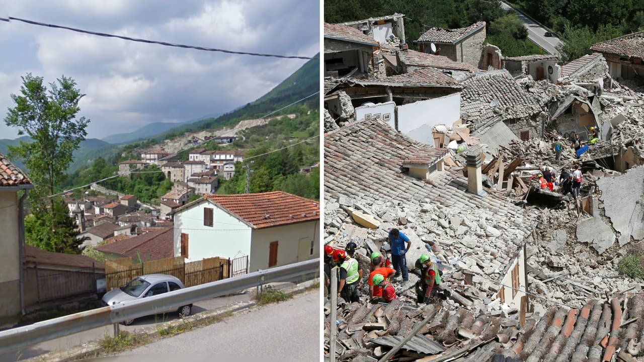 Los daños también fueron severos en Norcia, Pescara del Tronto (en la foto antes y depues del sismo ) y Arquate del Tronto. Las autoridades siguen buscando a decenas de desaparecidos entre las ruinas.