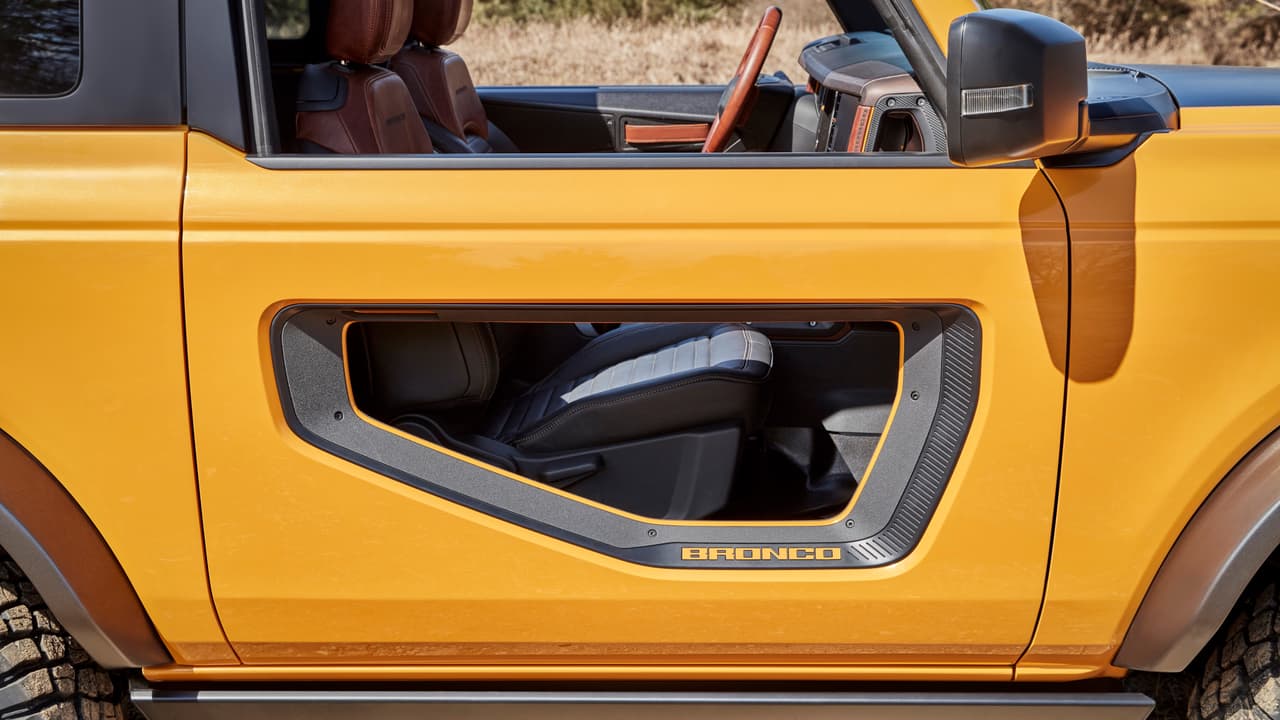 Modular doors on this prototype vehicle are among the Ford accessories available for Bronco two- and four-door models. (Aftermarket accessories shown not available for sale. Prototype not representative of production vehicle.)