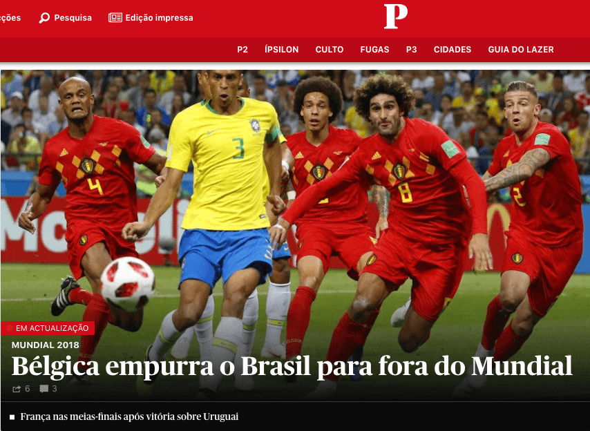 El periódico
<i>Público</i> de Portugal: "Bélgica echa para afuera del Mundial a Brasil".