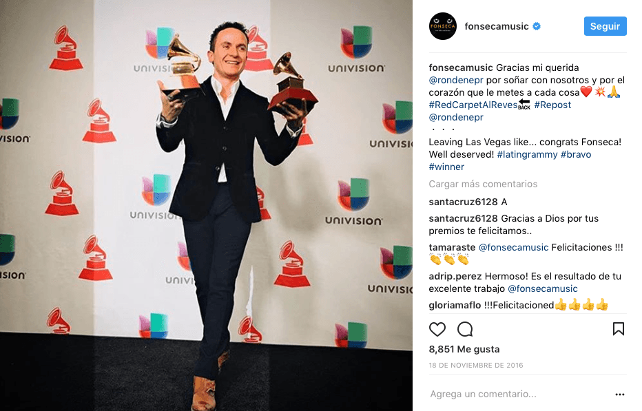 Fonseca se llevó dos GRAMMY: Mejor Álbum de Cumbia-Ballenato y Mejor Canción Tropical.