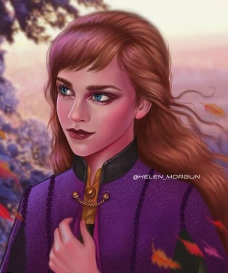 En cuanto a la hermana de Elsa, Anna, la artista rusa pensó en
<b>Emma Watson</b>. Y si bien la intérprete inglesa protagonizó el live action de ‘La bella y la bestia’ en 2017, no cabe duda de que como princesa de Arendell luce igualmente espectacular.