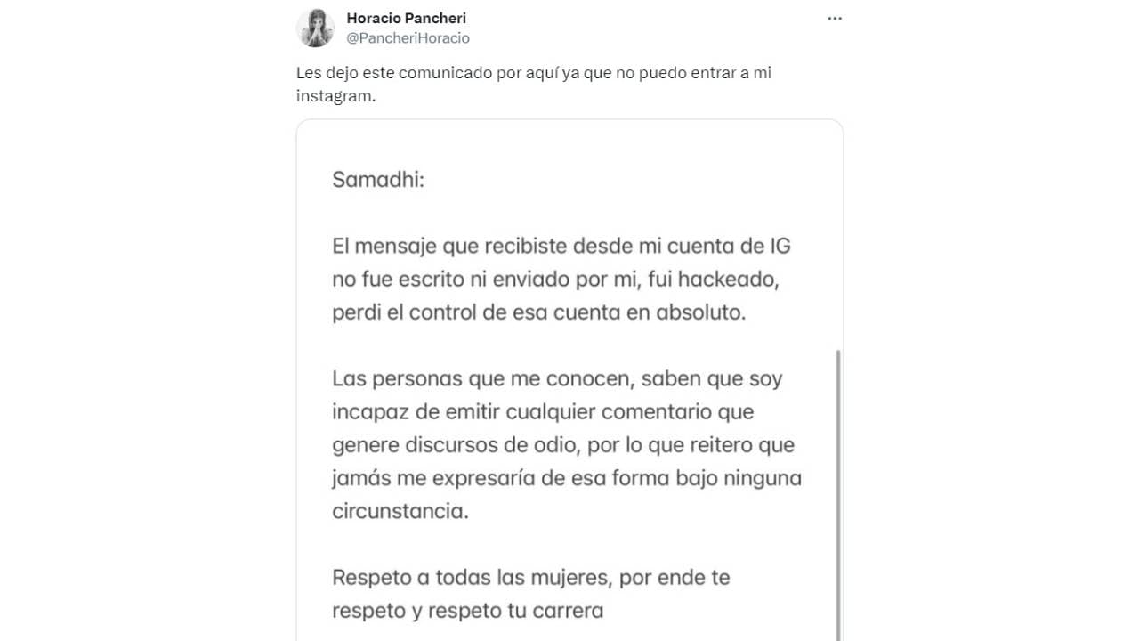 Horacio Pancheri responde a Samadhi Zendejas con un comunicado.