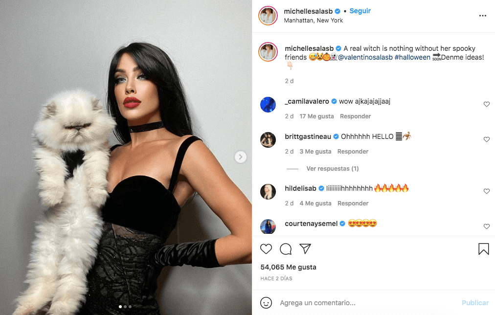 <b>Michelle Salas</b>
<br>El miércoles 27 de octubre, la influencer y modelo impactó con su pelo negro y look de "bruja real" con su fiel y felino compañero, Valentino.