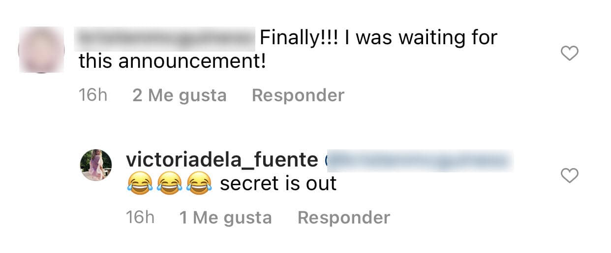 A través de una respuesta que le dio a uno de sus seguidores, se puede leer que al parecer Victoria de la Fuente tuvo en secreto, por lo menos de manera pública, su estado de gestación. Hasta ahora, no ha dicho cuántos meses de embarazo tiene.
<br>