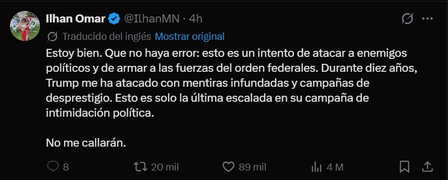 “Durante diez años,
<b>Trump me ha atacado con mentiras infundadas y campañas de desprestigio.</b> Esto es solo la última escalada en su campaña de intimidación política”, declaró en X.