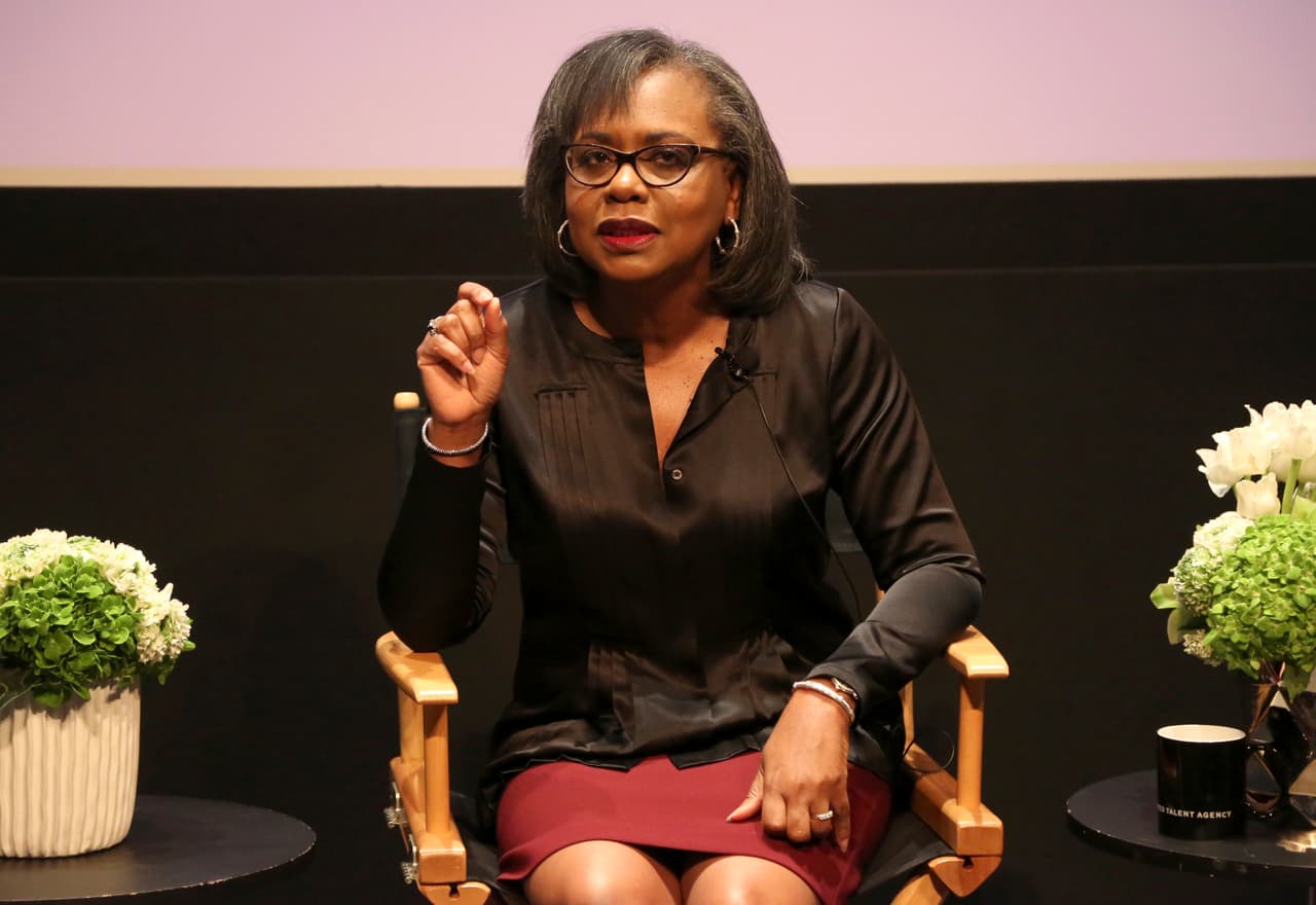 FILE - In this Dec. 8, 2017, file photo, Anita Hill speaks at a discussion about sexual harassment and how to create lasting change from the scandal roiling Hollywood at United Talent Agency in Beverly Hills, Calif. Hill says she 'can't imagine' the upcoming Supreme Court confirmation hearing on Thursday, Sept. 27, 2018, for Brett Kavanaugh will be fair to his accuser. But she says the much-anticipated hearing shouldn't be seen as a referendum on the #MeToo movement. (Photo by Willy Sanjuan/Invision/AP, File)