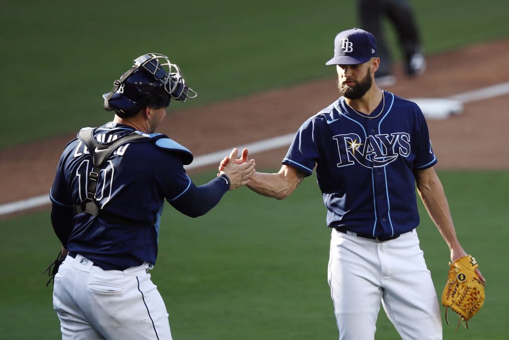 SAN DIEGO, CALIFORNIA - OCTOBER 12: Nick Anderson #70 and Mike Zunino #10 of the Tampa Bay Rays celebrate the teams 4-2 victory against the Houston Astros in Game Two of the American League Championship Series at PETCO Park on October 12, 2020 in San Diego, California. (Photo by Ezra Shaw/Getty Images)