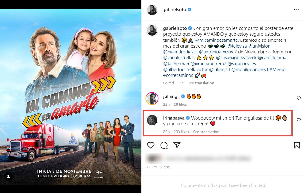 Irina Baeva le reitera su apoyo y amor a Gabriel Soto.