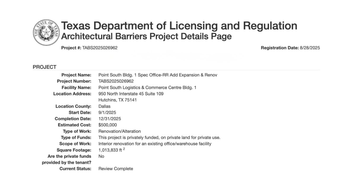 Documento del estado de Texas sobre la bodega en Hutchins: remodelación interior, financiamiento privado y sin inquilino.