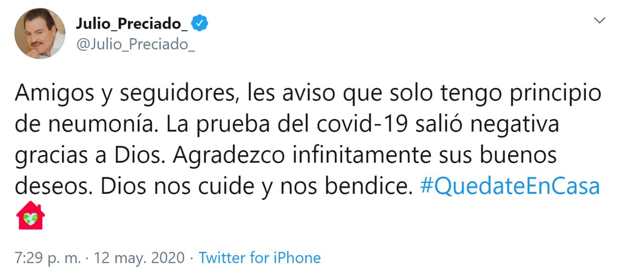 Sin embargo, la noche de este martes el cantante informó a sus seguidores a través de Twitter que dio negativo al examen de coronavirus y "solo tengo principio de neumonía".