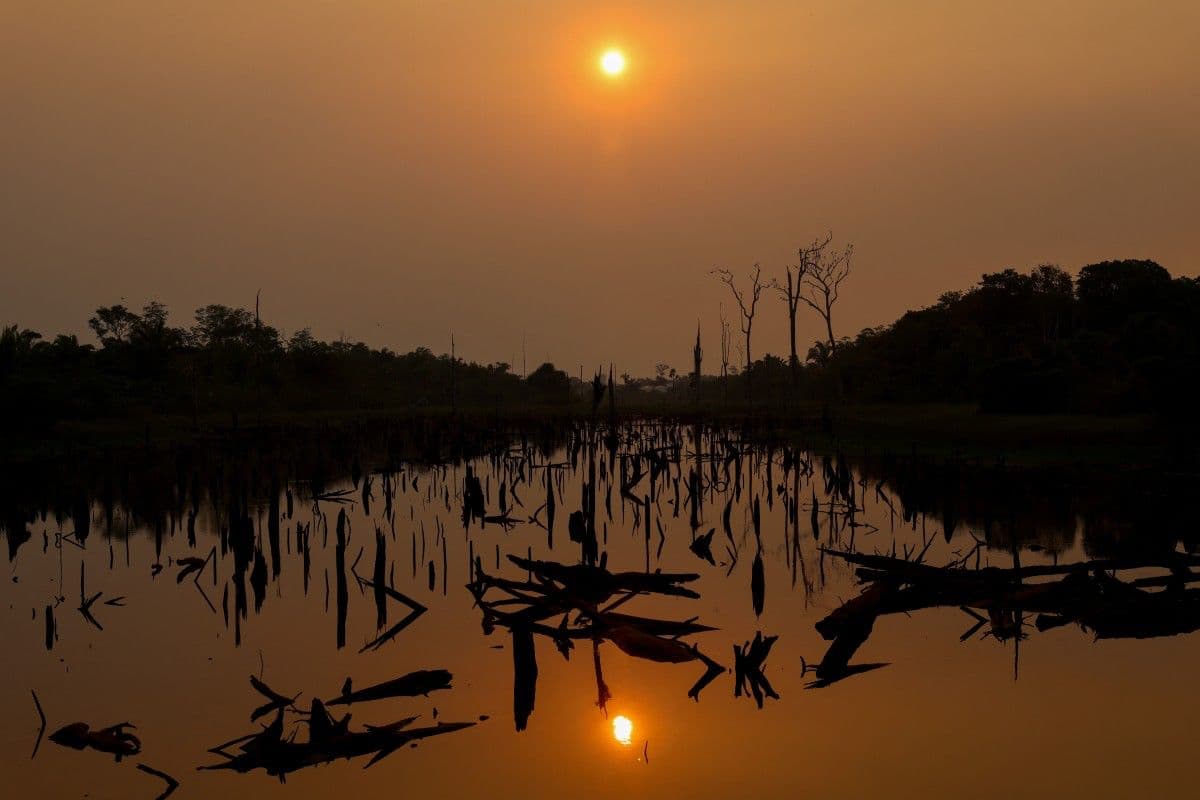La puesta de sol es visible a través del humo de los incendios forestales en la selva amazónica, a lo largo de la carretera AM-254, cerca de la ciudad de Autazes, en el estado de Amazonas, al norte de Brasil, el 9 de octubre de 2026.