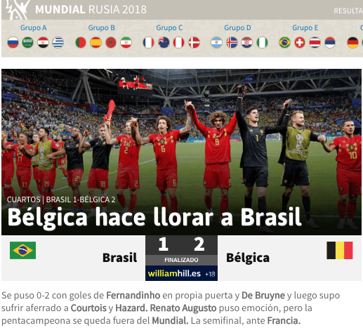 El diario deportivo
<i>AS</i>, de España, con dureza pero con congruencia, aludiendo a la eliminación de Brasil a manos de la selección de Bélgica.