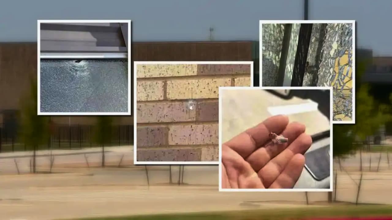 Daños y fragmento recuperado tras los impactos en Floyd Barksdale Middle School.