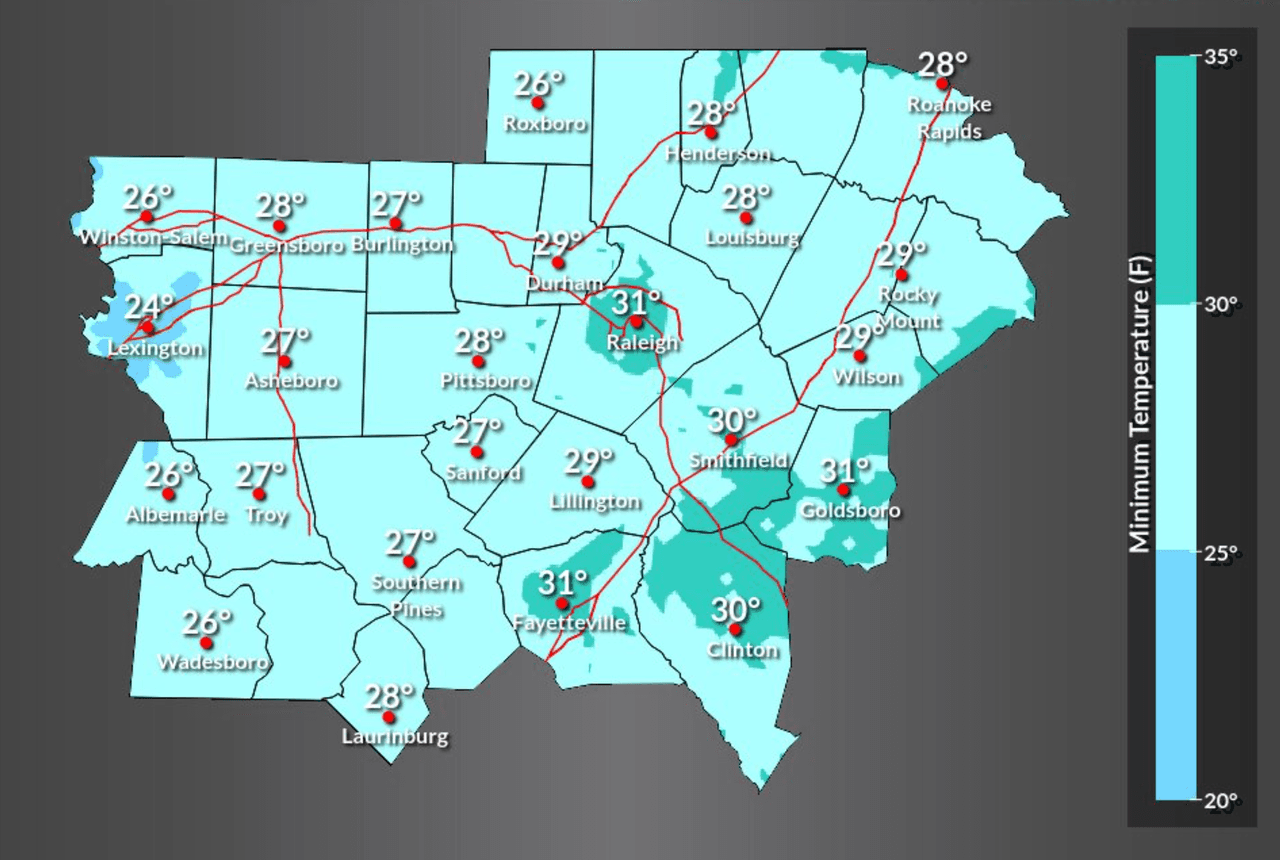 El NWS publicó un mapa en el que se identifican las temperaturas mínimas que se anticipan en Carolina del Norte la mañana del 11 de noviembre.