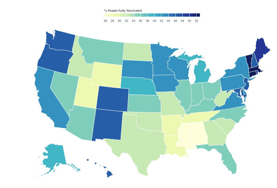 Gráfico de la vacunación en Estados Unidos por estados.