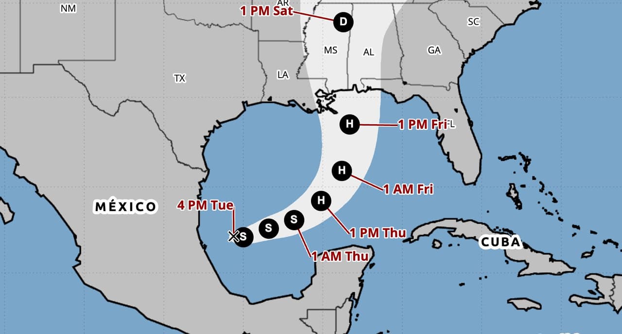 La trayectoria prevista de la tormenta tropical Isaías, que se formó el miércoles 7 de octubre de 2026; el Centro Nacional de Huracanes de Estados Unidos (NHC) mantiene vigilancia sobre este sistema que podría evolucionar a huracán durante los próximos días.