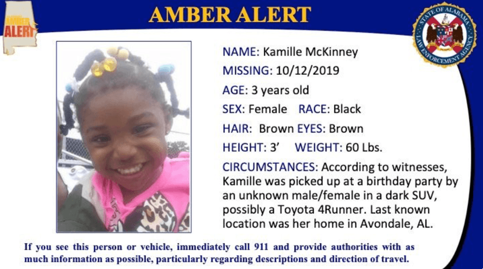 Kamille McKinney reportada como secuestrada y buscada en Alabama