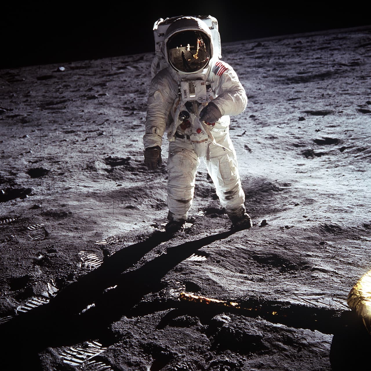 Durante algunos minutos Neil Armstrong se movió alrededor y recolectó una muestra de polvo. Edwin Aldrin se unió a Neil Armstrong en la superficie y describió la vista con la simple frase: "Magnífica desolación”. Esta fotografía de Edwin ‘Buzz’ Aldrin fue tomada por Neil Armstrong.