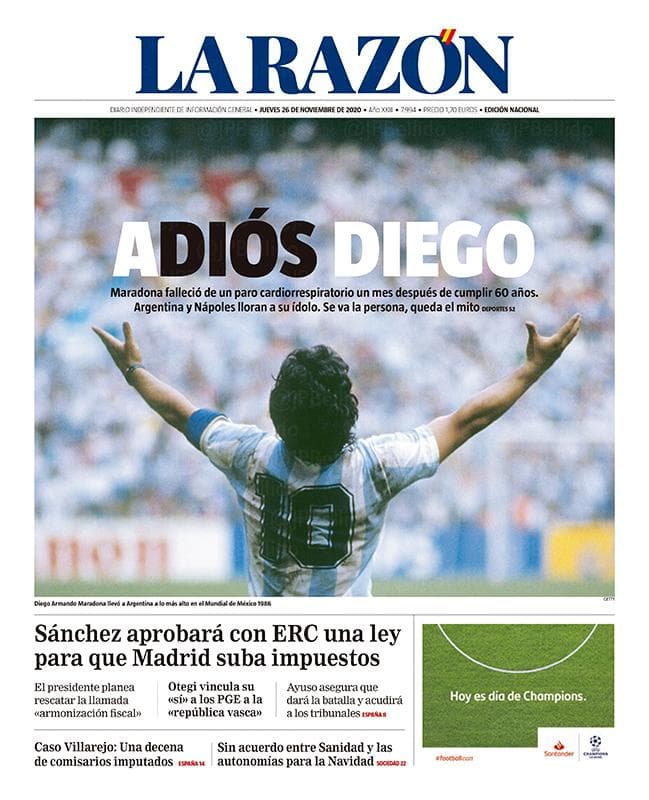 Así reaccionó la prensa mundial al fallecimiento de Maradona | El deceso de la leyenda argentina ocupó las portadas de los principales diarios alrededor del mundo.