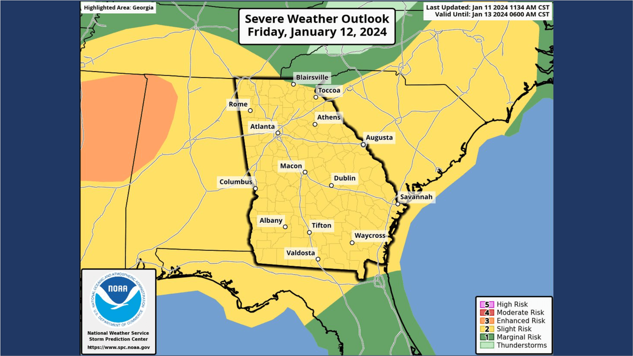 La región en amarillo estará con un riego de tiempo severo 2 de 5, prácticamente afectará a todo el estado.