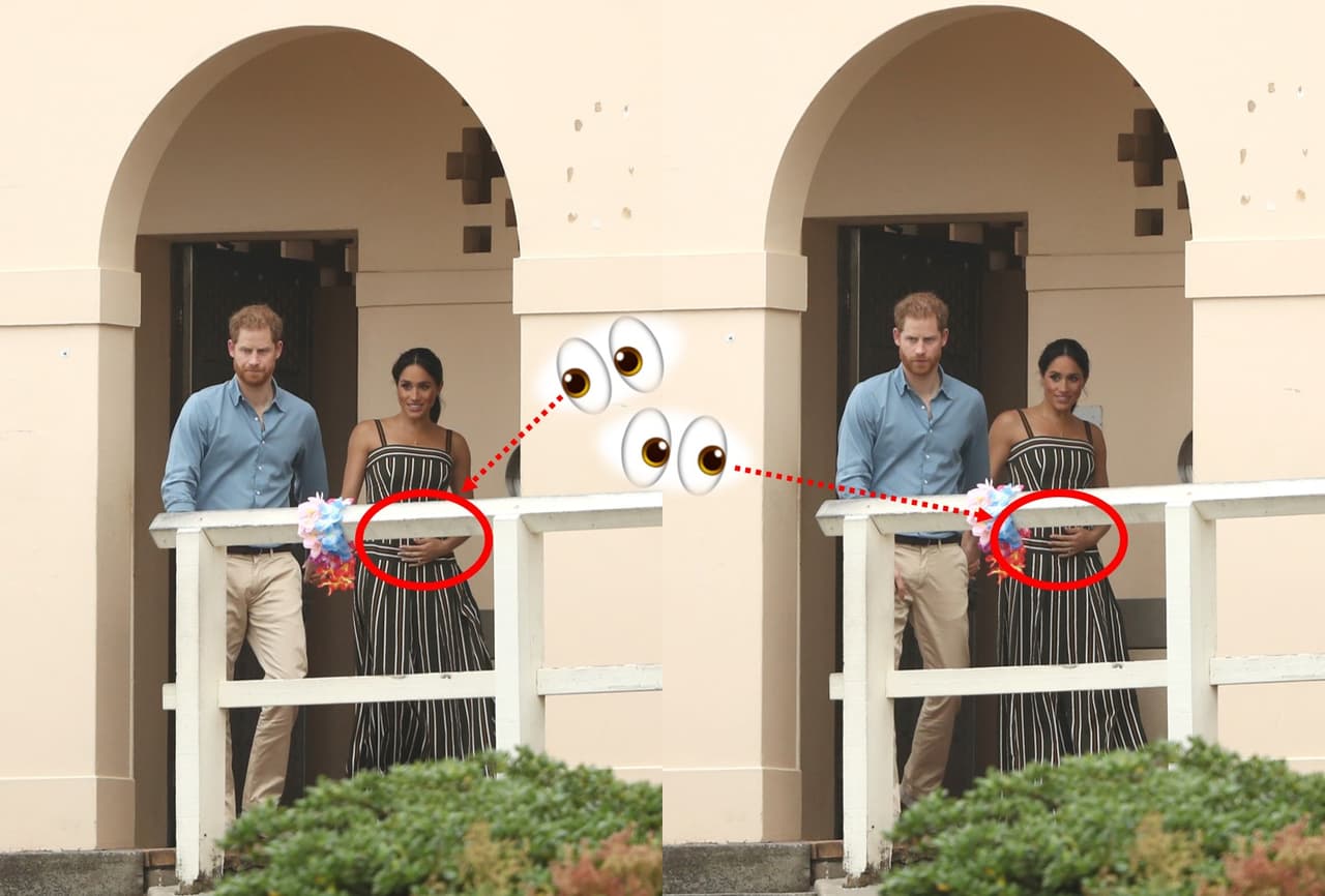 A su llegada al lugar, Meghan ya se dejó ver con la mano izquierda sobre el vientre, mientras la derecha la tenía entrelazada con la de su esposo, el príncipe Harry.