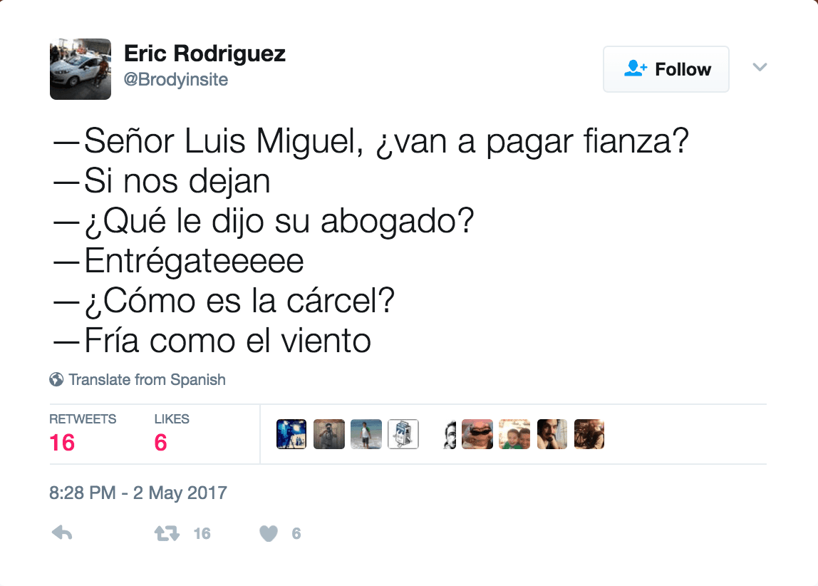 <a href="http://www.univision.com/entretenimiento/celebridades/detienen-a-luis-miguel-en-los-angeles">Luis Miguel fue detenido</a> el 2 de mayo de 2017, en Los Ángeles.