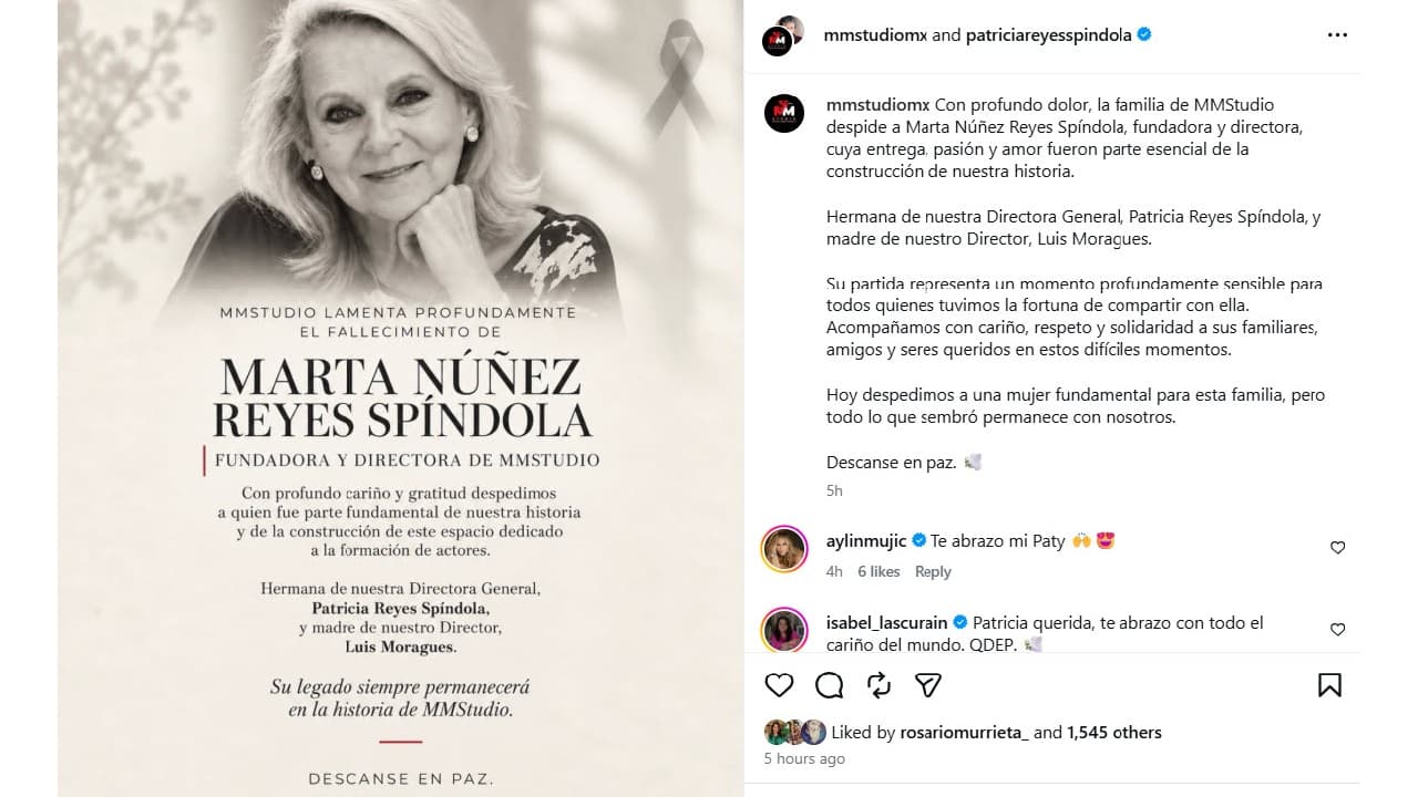 MM Studio emite comunicado sobre la muerte de su directora y fundadora, Marta Núñez Reyes Spíndola.