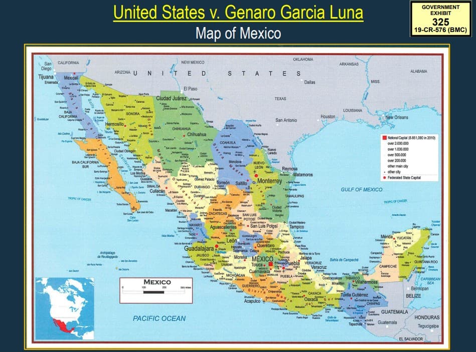 Los fiscales presentaron al jurado este mapa de México cuando ‘El Grande’ explicaba que el acuerdo que el cartel hizo con García Luna les permitió crecer “como nunca”.