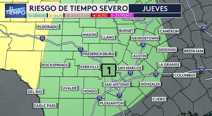 Este jueves y viernes se esperan tormentas aisladas, las cuales podrían ser severas, en el centro y sur del estado de Texas.