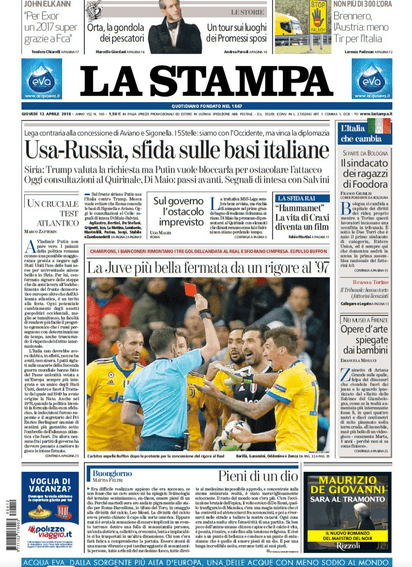 <b>La Stampa de Turín en Italia (impreso):</b> "La mejor Juventus frustrada por un penalti en el 97'. Los blanquinegros remontaron los tres goles de la ida al Real y rozaron la hazaña. Expulsado Buffon".