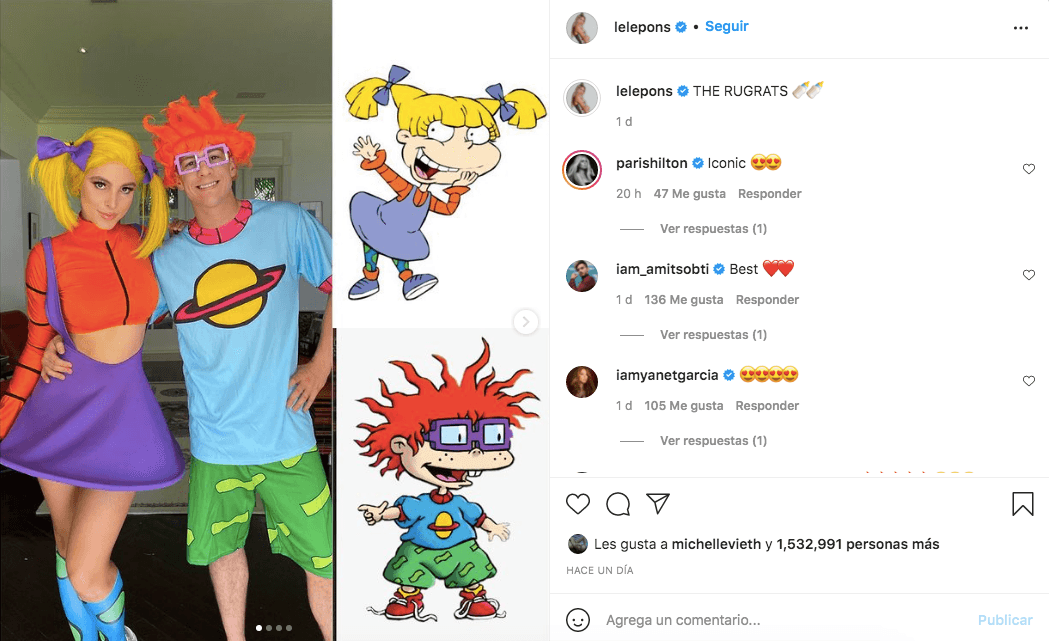 Por un lado, Lele Pons se convirtió en Angélica Pickles, en una versión mucho más madura, con un crop top naranja y un mini vestido morado similar al look de la mandona y mimada prima de Tommy. Por el otro, con una peluca naranja, lentes, playera y shorts, Guayna se transformó en el miedoso Carlitos.