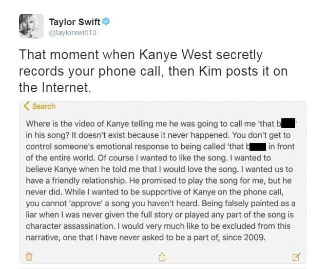 En estas líneas, Taylor tachó a Kanye de mentiroso y de paso se refiró a Kim Kardashian como la responsable de este acto que hoy la tiene molesta.