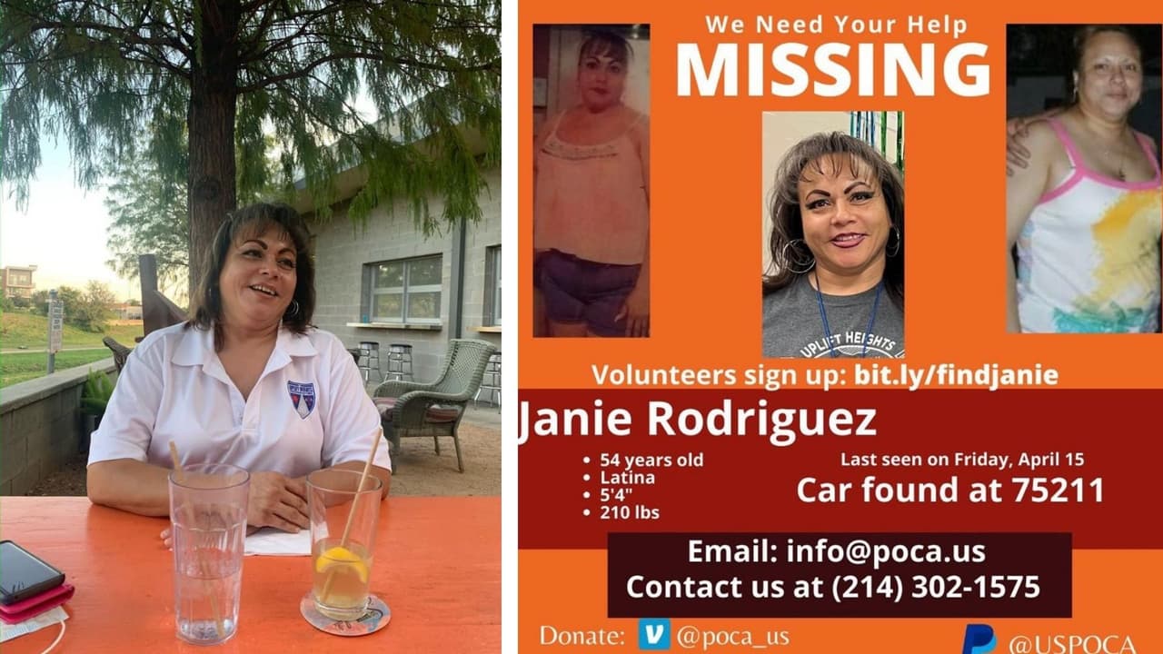 Juanita Rodríguez
<b>fue vista con vida por última vez el 15 de abril en Duncanville,</b> según reportó su familia. Luego, su auto fue hallado tres días después abandonado y chocado en el sur de Dallas. El reporte de búsqueda fue activado ese día por la Policía de Duncanville.
<br>