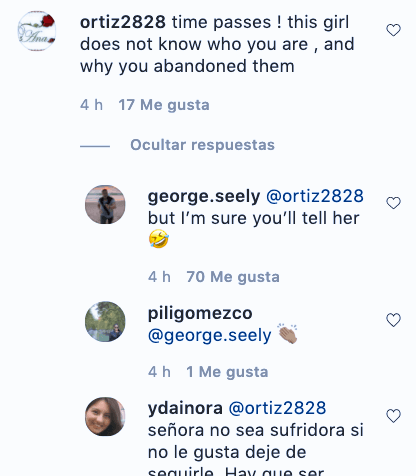 En el primero, una usuaria lo cuestionó directamente: "El tiempo pasa. Esta niña no sabe quién eres ni por qué las abandonaste", escribió. Seely respondió sarcástico: "Pero estoy seguro de que tú se lo dirás".