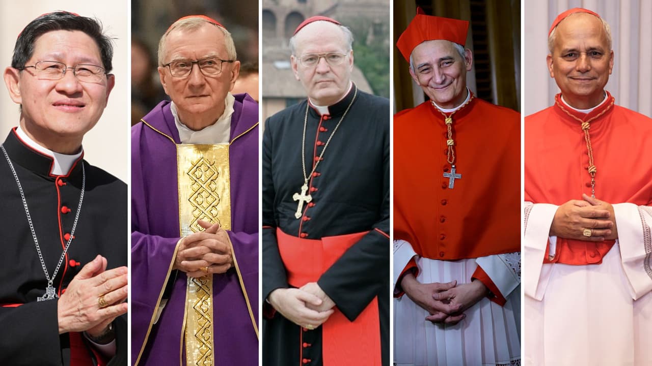 De izquierda a derecha: Luis Antonio Tagle; Pietro Parolin; Péter Erdö; Matteo Zuppi y Robert Prevost.