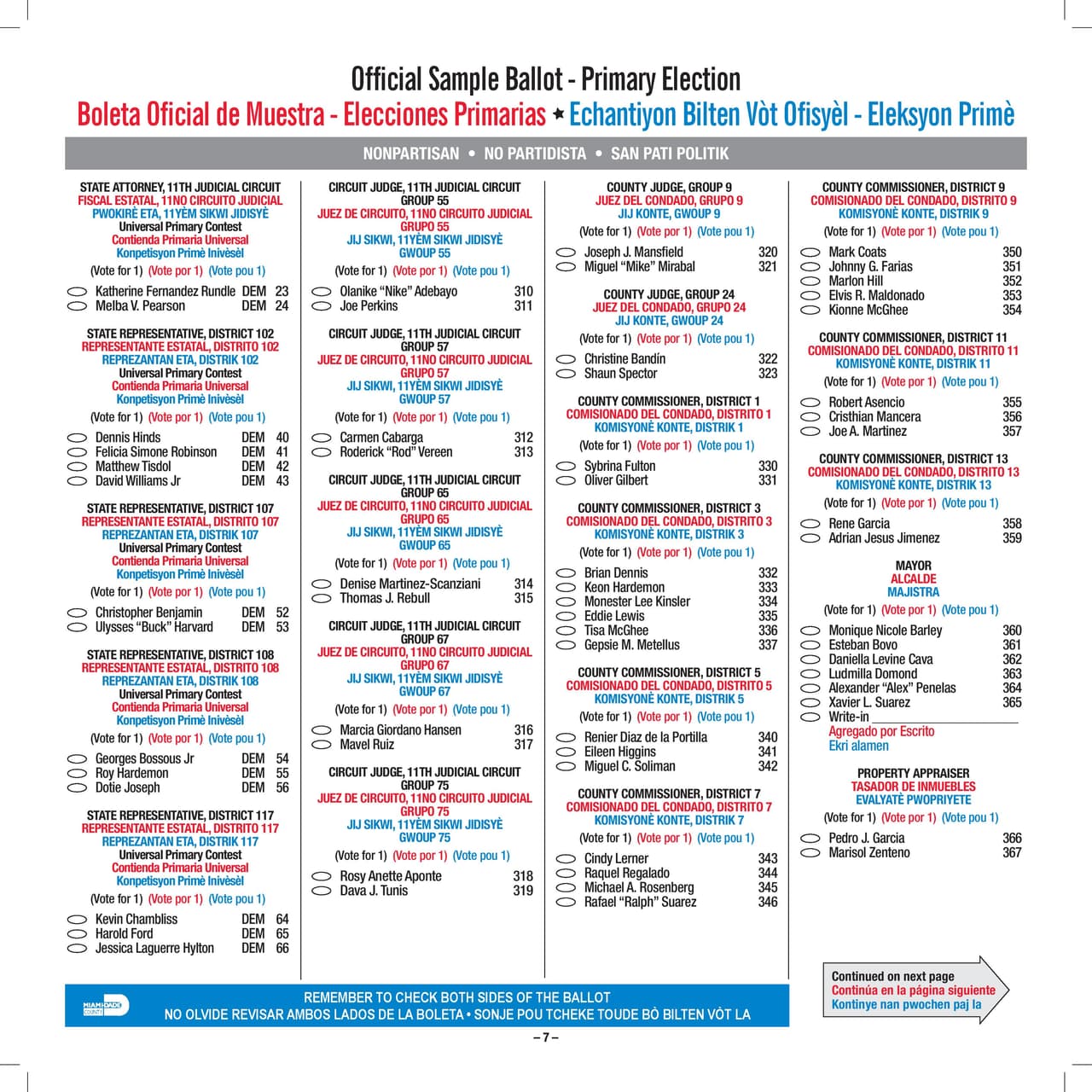 Ejemplar oficial de la boleta primarista de Miami-Dade, a celebrarse el 18 de agosto.