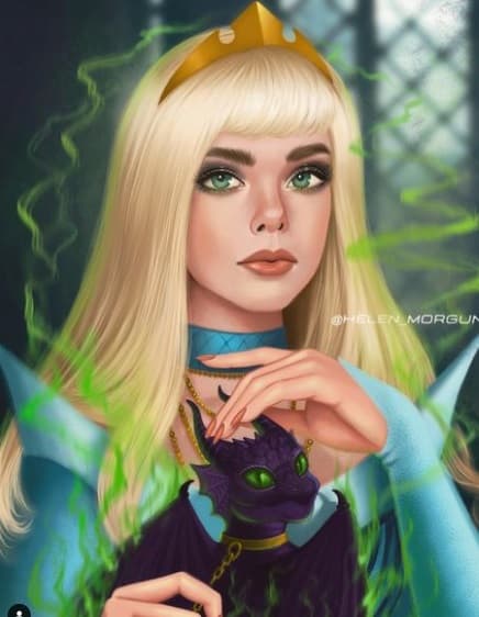 ¿Qué tal una princesa gótica? Bien, pues la ilustradora representó a
<b>Elle Fanning</b> como una Aurora oscura, y hasta la dibujó con un pequeño dragón negro como mascota.