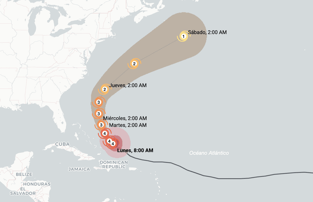 🔴 Huracán Erin | Trayectoria en vivo: la fuerte tormenta de categoría 2 puede causar oleaje peligroso en la costa este de Estados Unidos. Mira aquí su camino
