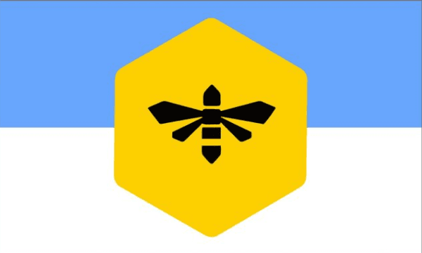 Una abeja negra estilizada se superpone a un panal dorado centrado en barras horizontales de color azul celeste y blanco.