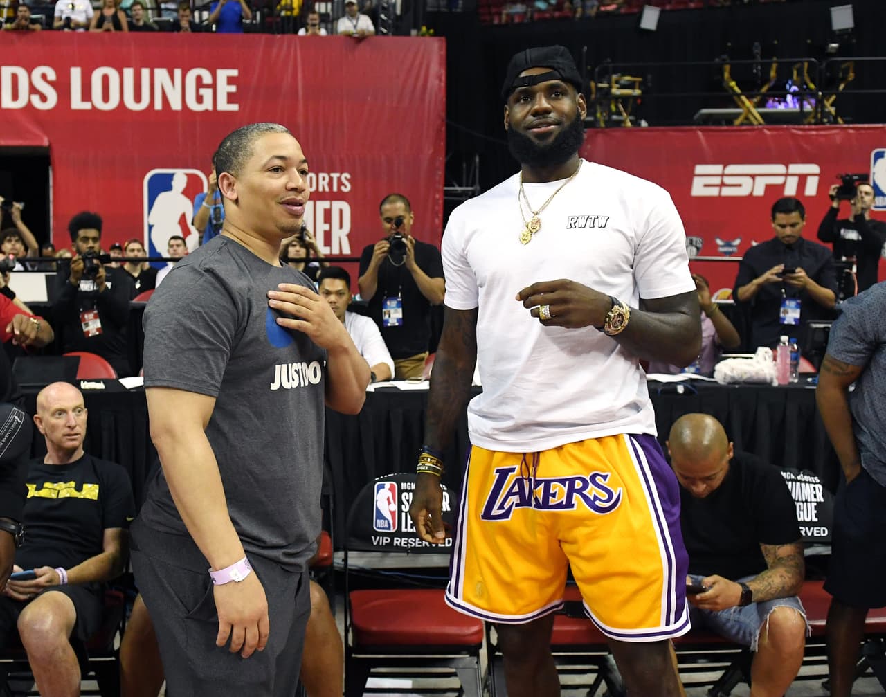LAS VEGAS, NV - JULY 15: Head coach Tyronn Lue (L) of the Cleveland Cavaliers talks with LeBron James of the Los Angeles Lakers after a quarterfinal game of the 2018 NBA Summer League between the Lakers and the Detroit Pistons at the Thomas & Mack Center on July 15, 2018 in Las Vegas, Nevada. NOTE TO USER: User expressly acknowledges and agrees that, by downloading and or using this photograph, User is consenting to the terms and conditions of the Getty Images License Agreement. (Photo by Ethan Miller/Getty Images)