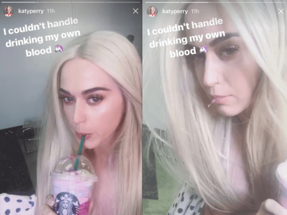 <b>Odio: Katy Perry no pudo tomarlo. </b>"No pude beber de mi propia sangre", escribió
<b><a href="http://people.com/food/katy-perry-spits-out-starbucks-unicorn-frappuccino/">Katy Perry</a></b> en su Instagram Stories. El look actual de la cantante tiene los colores que suele representar a los unicornios. Starbucks describe el sabor de la bebida como una mezcla de "un dulce polvo rosado, crema de Frappuccino, miel de mango y polvos azules con un leve toque amargo".