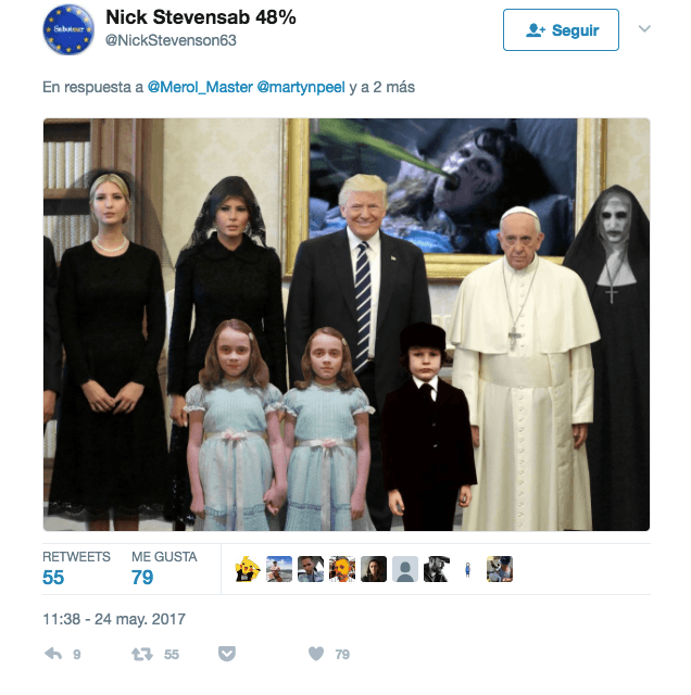 El papa no parecía muy feliz de la visita del presidente Trump e Internet se llenó de memes.
<a href="https://twitter.com/NickStevenson63/status/867449762206937092?ref_src=twsrc%5Etfw&ref_url=https%3A%2F%2Fes.gizmodo.com%2Fajax%2Finset%2Fiframe%3Fid%3Dtwitter-867449762206937092%26autosize%3D1">Enlace</a>.