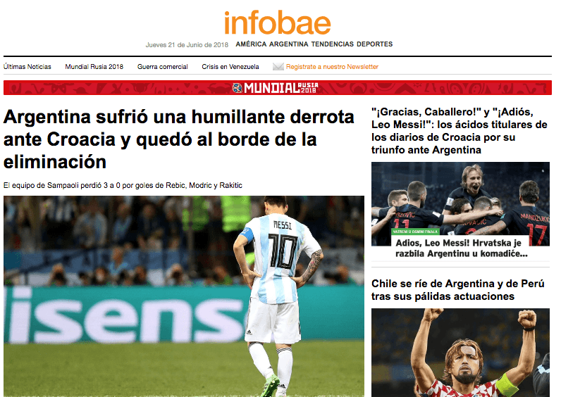 Infobae: Tiene en su portada la crónica del partido, las burlas que generó la derrota y las reacciones de los medios croatas tras la victoria.
