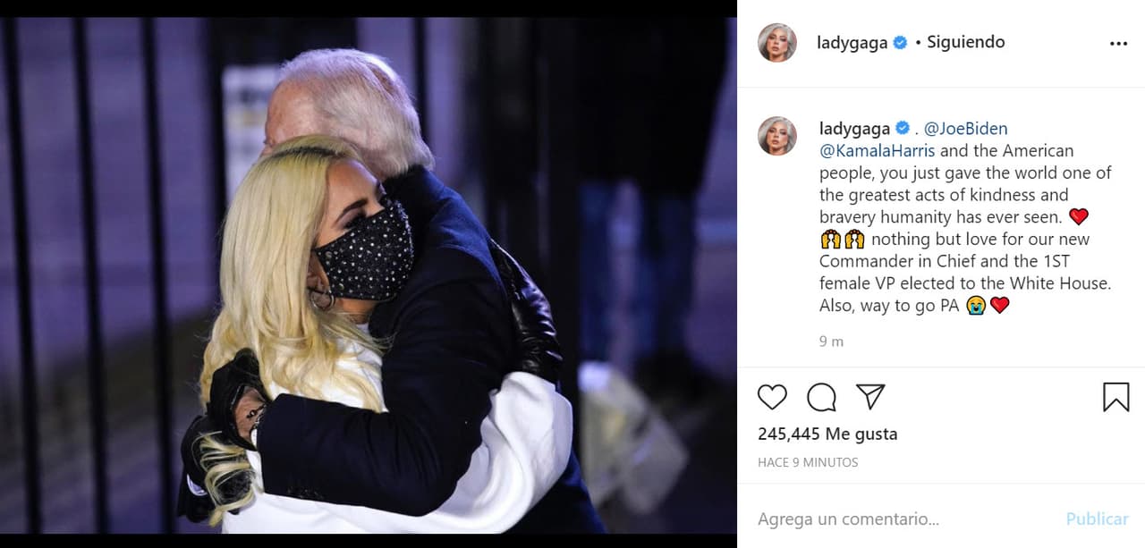 Con un mensaje emotivo
<b> Lady Gaga</b> celebró la victoria: "Joe Biden, Kamala Harris y el pueblo estadounidense, acaban de dar al mundo uno de los mayores actos de bondad y valentía que la humanidad haya visto jamás. Nada más que amor por nuestra nueva comandante en jefe y la primera vicepresidenta femenina elegida para la Casa Blanca".